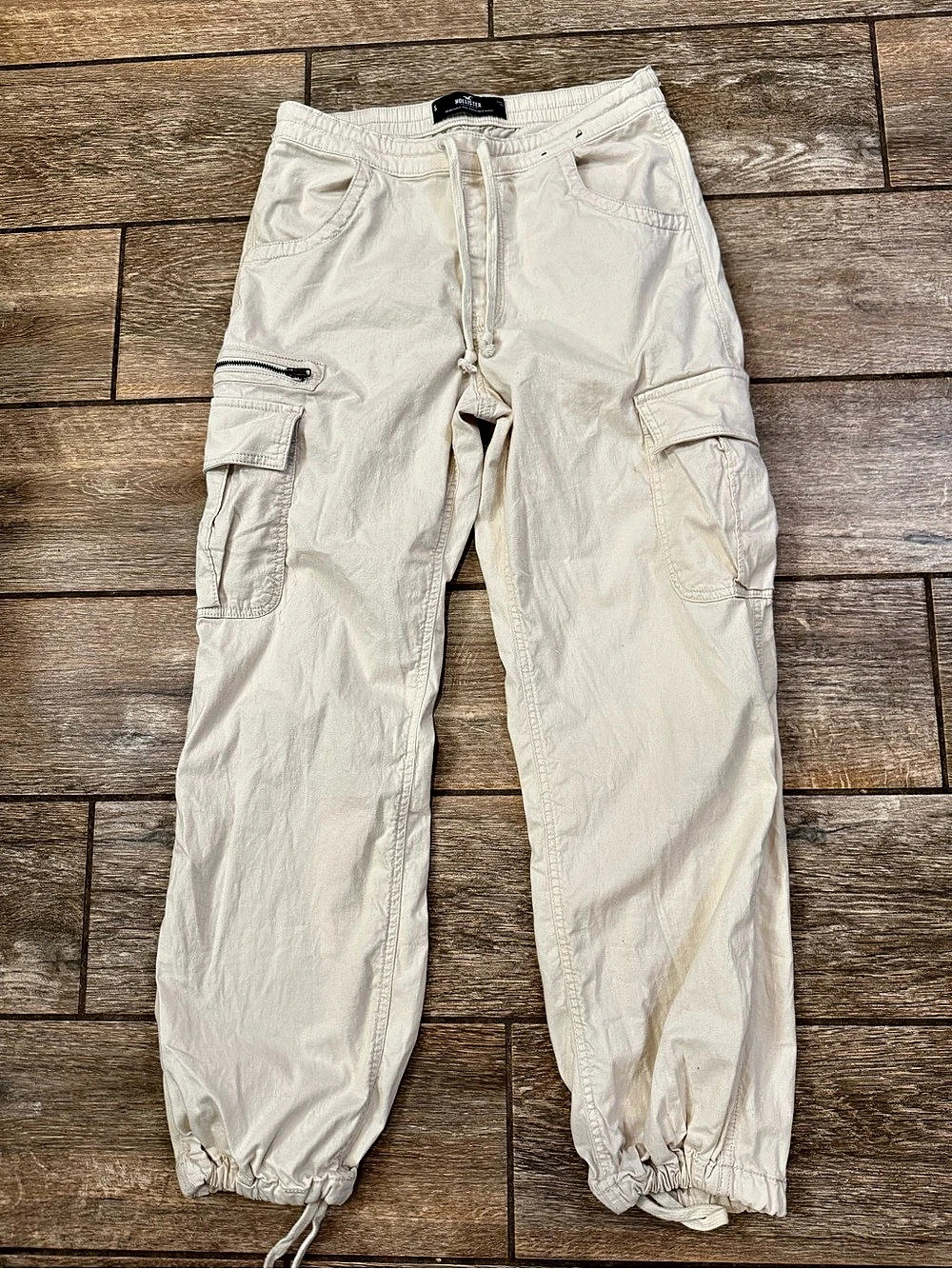 Hollister Adjustable-Rise Parachute Baggy Pants Cream Mens Size Small